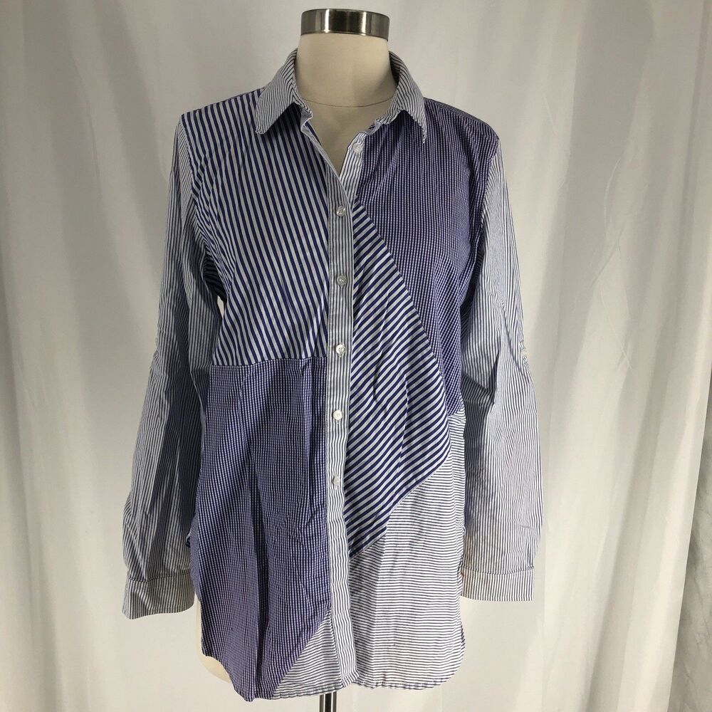Calvin Klein Button Up Shirt Long Roll Tab Sleeve  Mixed Stripes Blue Medium